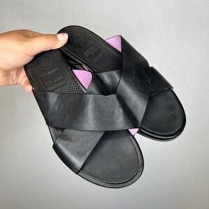 Fitflop Black Leather Criss Cross Slides Sandals Women's US 7 EU 38
